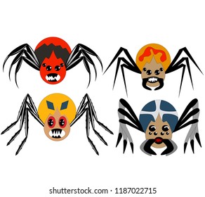 A set of four cartoon spiders of different shapes and colors, kind and evil spiders to helloween