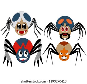 A set of four cartoon spiders of different shapes and colors, kind and evil spiders to helloween