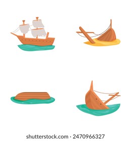 Set of four cartoon style watercraft illustrations, including a ship and boats