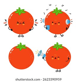 A set of four cartoon Tomatoes expressing different emotions with a loudspeaker and music notes.