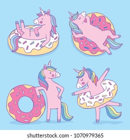 A set of four cartoon unicorns enjoying floating on their inflatable donut pool tubes. Vector illutsration. 