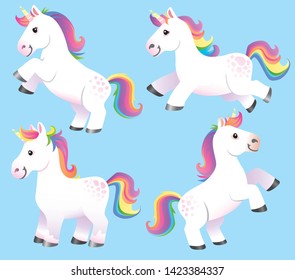 A set of four cartoon unicorns standing, rearing up and jumping. Vector Illustration.