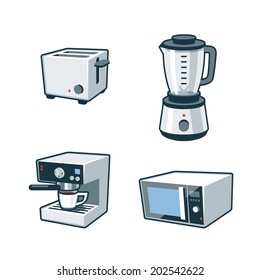 Set of four cartoon vector icons of a toaster, blender, coffee maker and microwave oven 