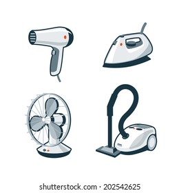 Set of four cartoon vector icons of a hair dryer, clothes iron, mechanical fan and canister vacuum cleaner.