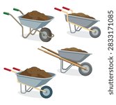 Set of four cartoon wheelbarrows filled with soil isolated on a white background wheelbarrow gardening landscaping equipment agriculture construction.