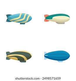 Set of four cartoonstyle airships in various colors and designs, isolated on white background