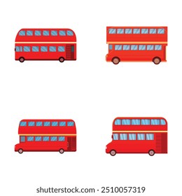 Set of four cartoonstyle illustrations of the iconic red doubledecker buses