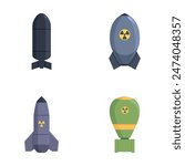 Set of four cartoonstyle nuclear weapons and bomb illustrations, isolated on white background