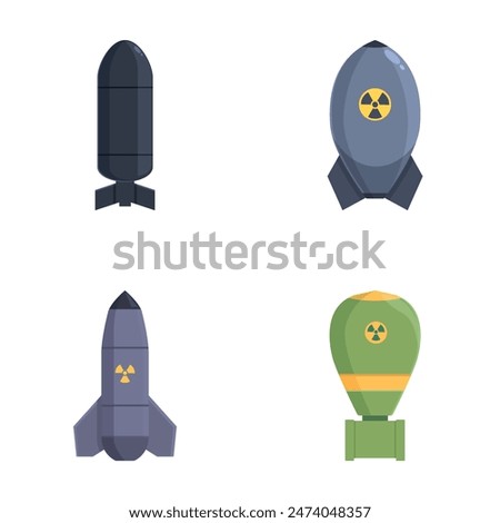 Set of four cartoonstyle nuclear weapons and bomb illustrations, isolated on white background