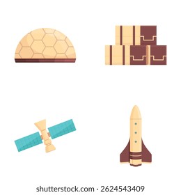 Set of four cartoonstyle space themed icons featuring a dome habitat, tiles, a satellite, and a rocket