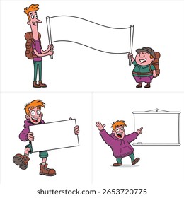 A set of four cartoon-style vector illustrations featuring quirky and energetic characters interacting with blank objects for customizable use. The characters include a tall skinny hiker and a chubby 