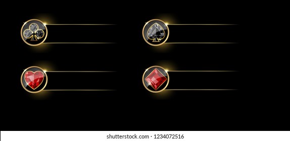 Set of four casino themed navigation panels on black background. Spades, diamonds, hearts and clubs signs on round button. 