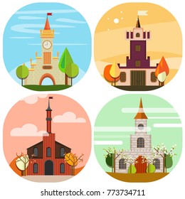 Set of four castle images with part of environment. May to use in different sort of media. 