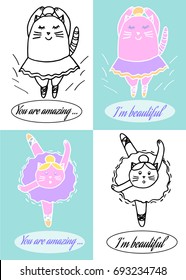 Set of four cat ballet dancer. Funny ballerinas in pointe shoes and tutu.Hand drawn vector illustrations. Cartoon, doodle. Design concept for children,girls - poster, postcard, sticker, t-shirt print.