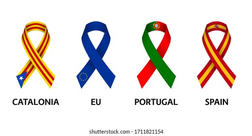 Set of four Catalonia, European Union, Portuguese and Spanish stripe ribbons. Pray for Catalonia, European Union, Portugal and Spain. Independence day. Simple icons with flags