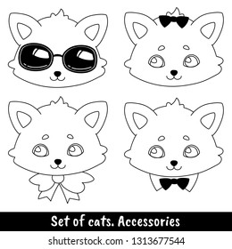 Set of four cats with different accessories - sunglasses, a bow on the head, a ribbon - a bow on the neck, a collar with a bowtie - a tie. Linear, black and white image of a pet.
