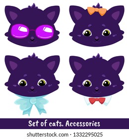 Set of four cats with different accessories - sunglasses, a bow on the head, a ribbon - a bow on the neck, a collar with a bowtie - a tie. Color image of a pets. Vector illustration for coloring book.