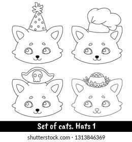 Set of four cats with different headdresses - a festive cap, a chef's cap, a pirate hat, a straw hat with a ribbon. Linear, black and white image of a pet. Vector illustration for coloring book.