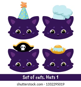 Set of four cats with different headdresses - a festive cap, a chef's cap, a pirate hat, a straw hat with a ribbon. Color image of a pets. Vector illustration for coloring book, design, prints.
