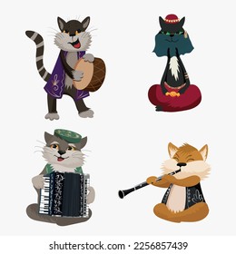 Set of four cats in oriental clothes with musical instruments