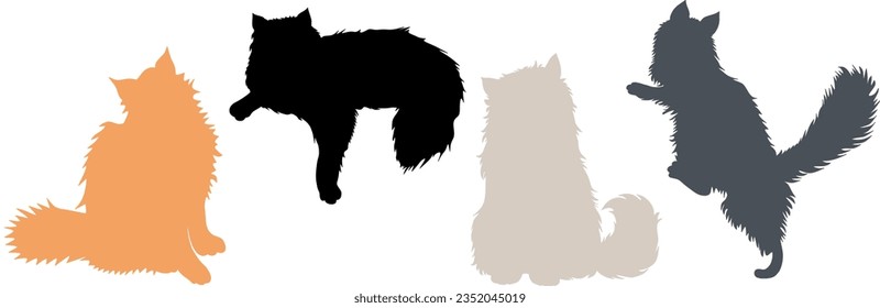 A set of four cats in the outline of different colors. Silhouette of black, gray, red and ashy cats on a transparent background. background illustration