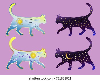 A set of four cats, two cat-day and two cat-night. Cat silhouette painted with day sky, with clouds, sun, birds and cat silhouette painted with night sky with stars, moon