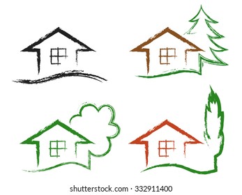 Set of four chalk drawing icons house with tree, isolated on a white background, vector.