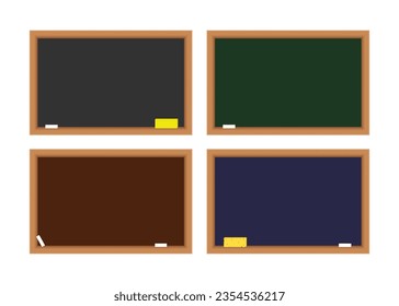 Set of four chalkboards in different colors with wooden frames. Vector illustration. Isolated on white background.	
