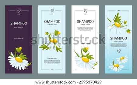 A set of four chamomile shampoo label designs. The illustration features chamomile flowers with leaves and buds in a vector style. Suitable for cosmetic packaging, branding, and advertising.