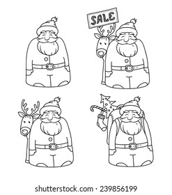 Set of four characters Santa Claus.  Santa with reindeer.  Santa with christmas gifts. Santa with Christmas tree.Sketch. Black and white illustration.