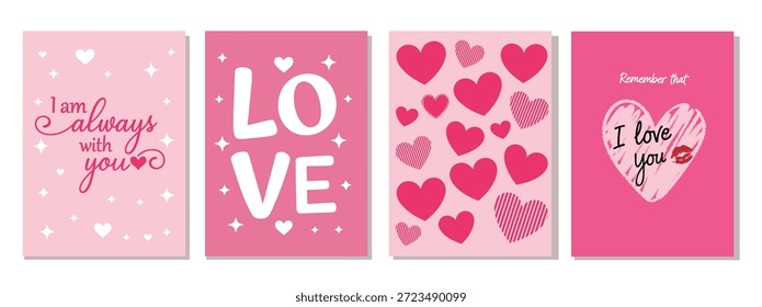 Set of four charming Valentine's Day cards in various pink and red shades, adorned with hearts, stars, and heartfelt romantic messages.