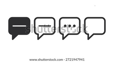 A set of four chat speech bubbles in black and white, including a filled and outlined black bubble, a white bubble with a line, a white bubble with three dots, and an empty white bubble, all on a pure