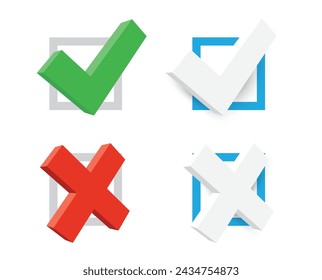 Set of Four Check Marks and Crosses Symbolizing Right and Wrong Choices. Vector illustration.