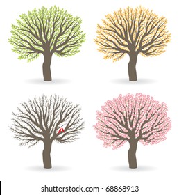 A set of four cheerful and modern trees representing summer, autumn, winter, and spring.