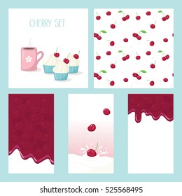 Set of four cherry pictures - cup of tea/coffee with cream cakes, seamless endless pattern of berries, spilled jam, fruits dropping into milk. Vector illustration.