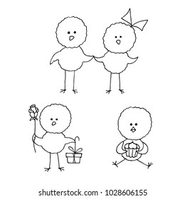 Set of four chickens. Couple chicken, chicken with flower and gift box, chicken with cake. Vector illustration isolated on white.