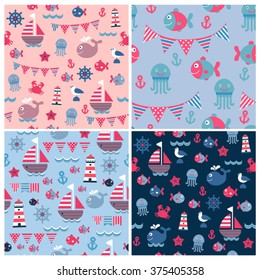 set of four childish  cartoon sea seamless patterns