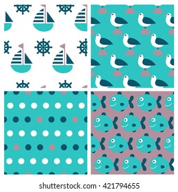 set of four childish marine seamless patterns