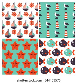 set of four childish vector nautical seamless patterns