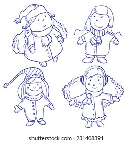 set of four children  in winter clothes
