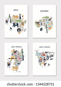 A set of four children's cards with a map of the continents of the world and cute cartoon animals. Vector illustration