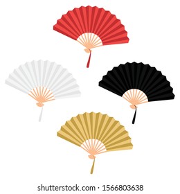 Set of four chinese folding hand fan vector isolated on white, red, white, black, golden