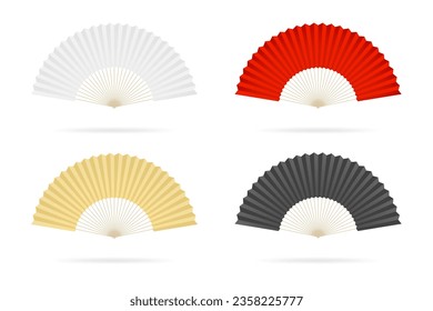 Set of four chinese folding hand fan vector isolated on white, red, white, black, golden. Vector illustration