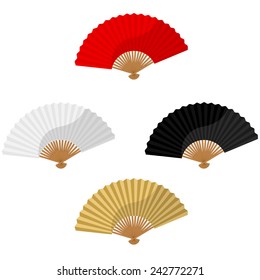 Set of four chinese folding hand fan vector isolated on white, red, white, black, golden