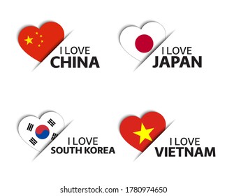 Set of four Chinese, Japanese, Korean and Vietnamese heart shaped stickers. I love China, Japan, South Korea and Vietnam. Made in China, Made in Japan. Simple icons with flags