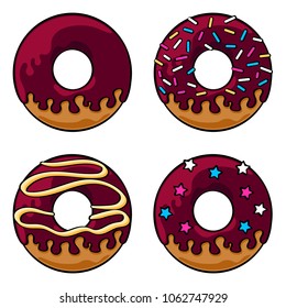 Set of four chocolate glazed donuts with icing and sprinkles. Coloured line drawing. Vector graphics illustration. Editable vector shapes.
