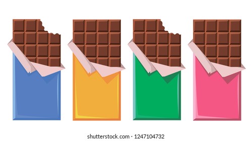 Set of four chocolates in multi-colored packages. Vector illustration in cartoon style.