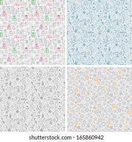 Set of four Christmas backgrounds. Seamless patterns. These endless backgrounds can be used for wallpaper, pattern fills, textile, web page background, surface textures. Vector illustration.