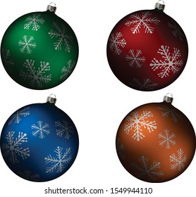 Set of four christmas balls of various colors with a pattern of snowflakes on a white isolated background