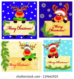 Set from four Christmas banners with cheerful deer, fir-tree branches and snowflakes